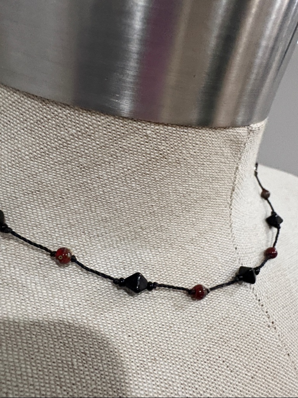 Black Beaded Choker Necklace with Red Brown Accents - Picture 2 of 3